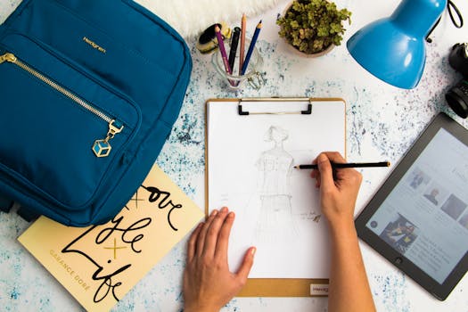 pexels-photo-1478477-1478477 Top view of a designer sketching fashion ideas in a creative workspace with various tools.