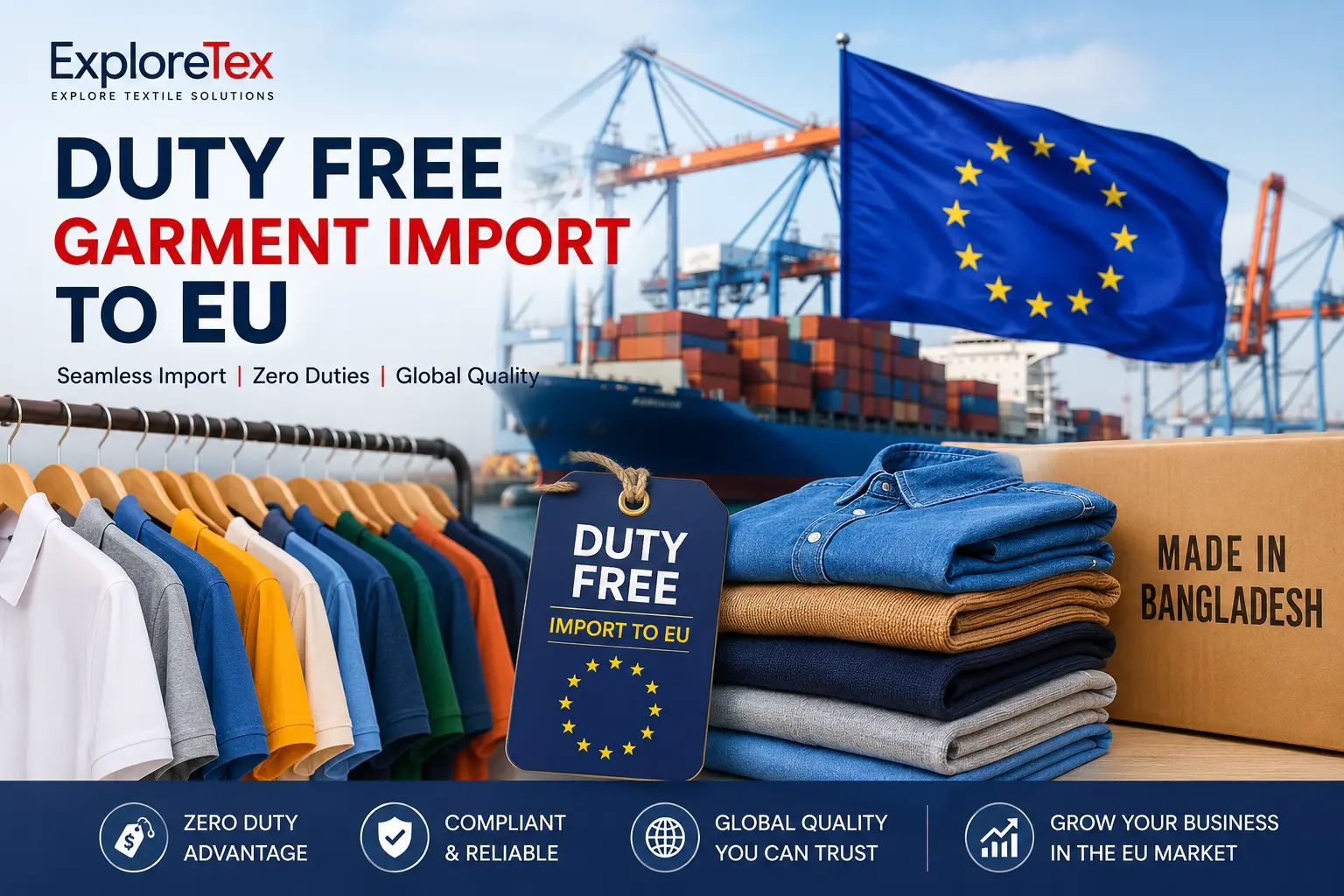 exploretex Portuguese-based company with its own registered Portuguese brand, they have vertical manufacturing facility in Bangladesh and inside Portugal they are working with partner factories to manufacture and supply apparel to their clients as a manufacturer- their site is exploretex.com Now exploretex.com wants to improve their rank on seo, GEO, and AI Platform and focus on getting new clients with ranking their site. Can you help them to provide the best article to get the best SEO and GEO performance ( with crafted a specialized FAQ section, Factory-Floor "Expert" Insights, Structured Data Plan (Authority Visuals), Answer Engine (GEO) Targets )- Please keep note this article will publish as a Blog post to their website exploretex.com Domain KEYWORD- "duty free garment import to eu" need blog article as pilar content FOR RANK MATH SEO and GEO on AI platform FOR EXPLORETEX.COM ( EXPLORETEX PORTUGEESE BASED COMPANY WHO CAN BE YOUR MANUFACTURING PARTNER), PLEASE PROVIDE 4500+ WORD ARTICLE WITH KEEPING maximum 1.5 to 1.70 % main KYEWORD density with green rank math SEO purpose, including a title and subtitle, META DESCRIPTION, AND ADDITIONAL KEYWORDS and also from exploretex.com site takes 10 links and adds this article's paragraph as a backlink to make it more authentic ( please add the actual URL link from exploretex.com) and add some outside website link 2-3 - SO THAT they CAN COPY AND PASTE ON their SITE TO RANK their WEBSITE The meta title should be strong with a meta description so that the viewer feels interested in visiting.