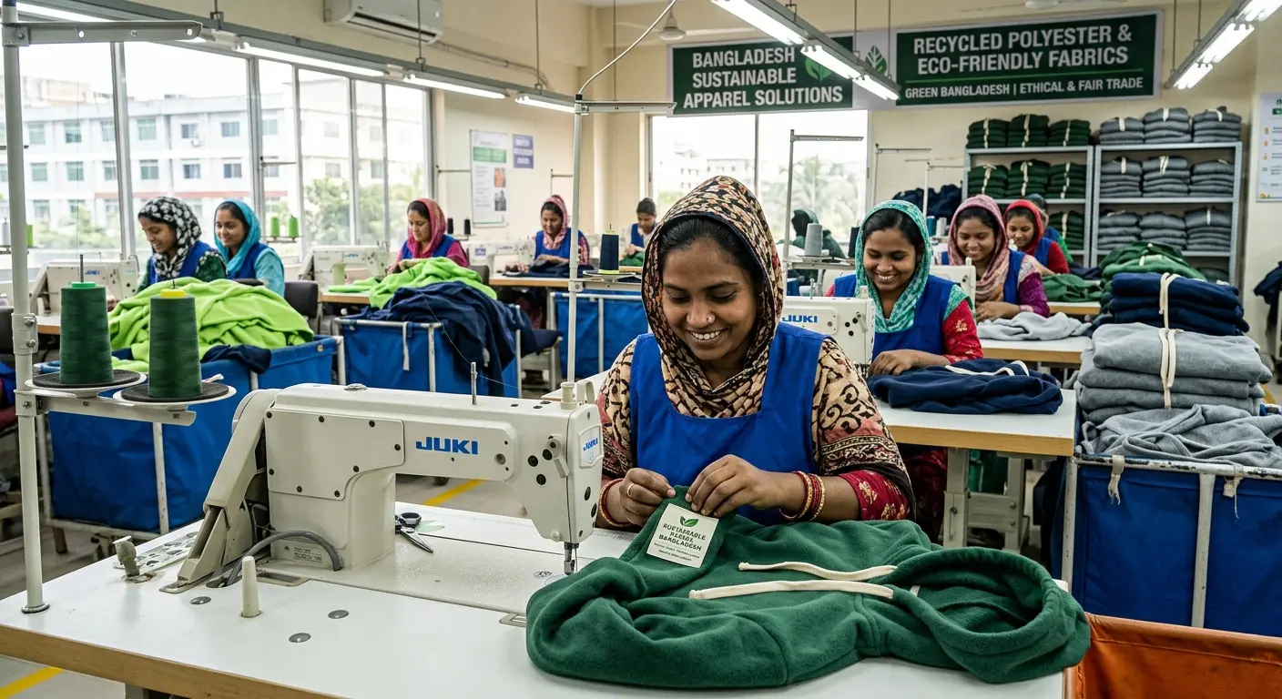 please create image for sustainable fleece hoodie supplier Bangladesh